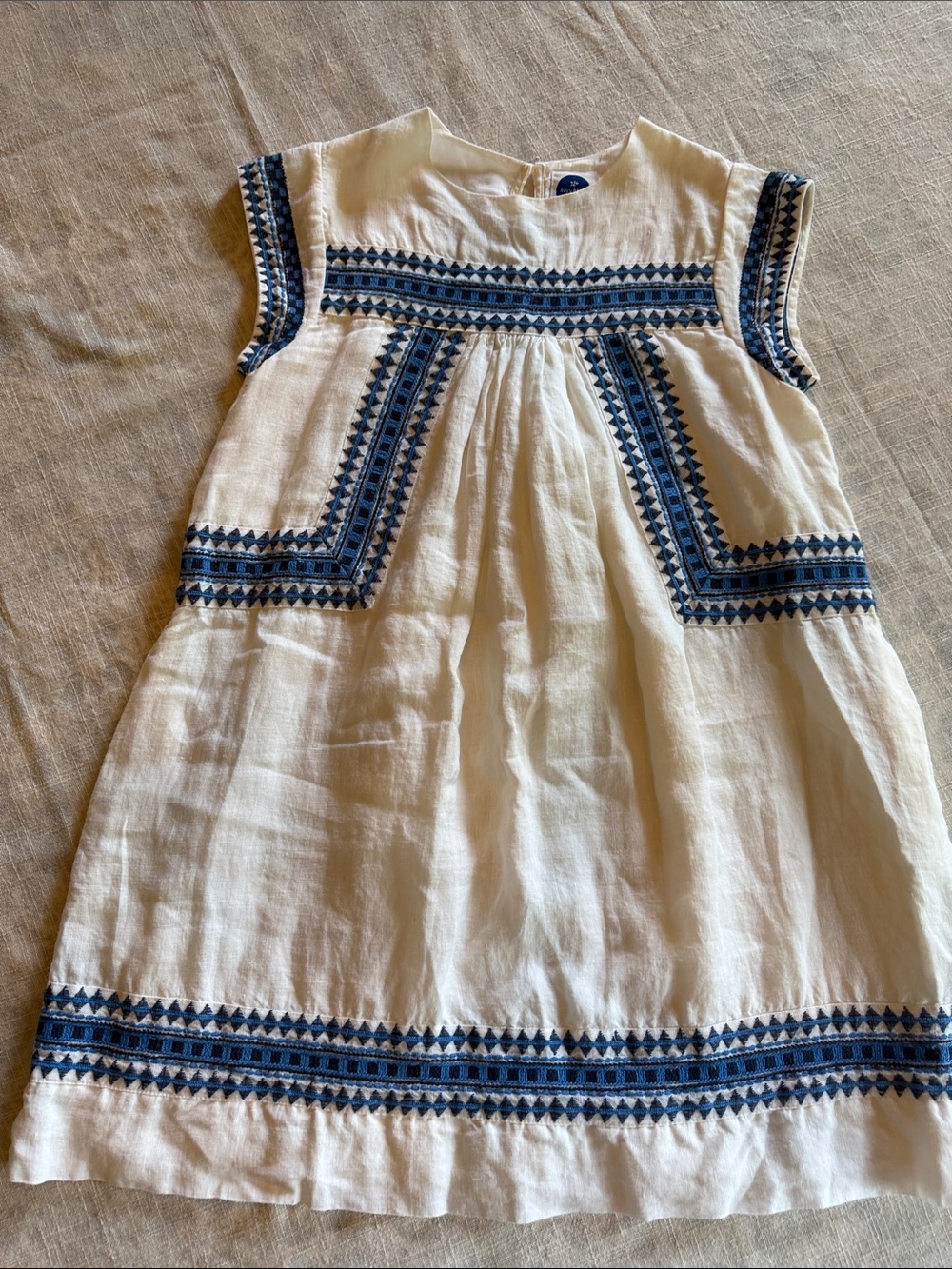 White Linen Dress with Blue Embroidered Trim - boutique